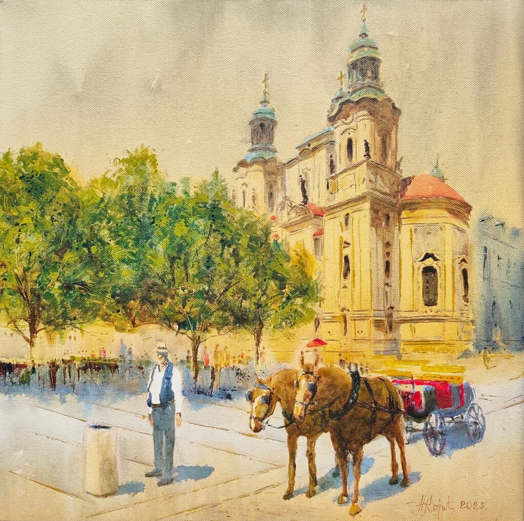 Horses before St. Nicholas Church Old Town Prague 50x50 cm 2025