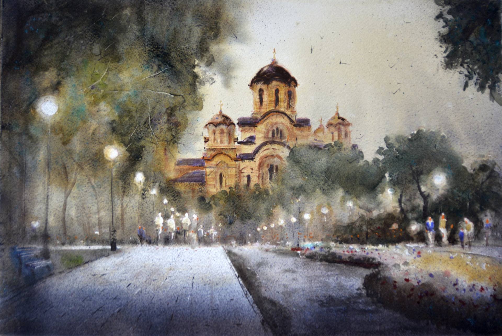 Hladan zalazak na Tasmajdanu i crkva Svetog Marka 35x54cm 2024