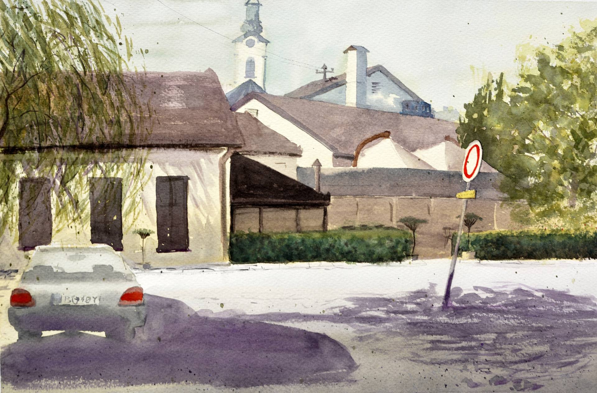 Restoran “Šaran”, Zemun, originalna akvarel pejzažna umetnost Nenada Kojića