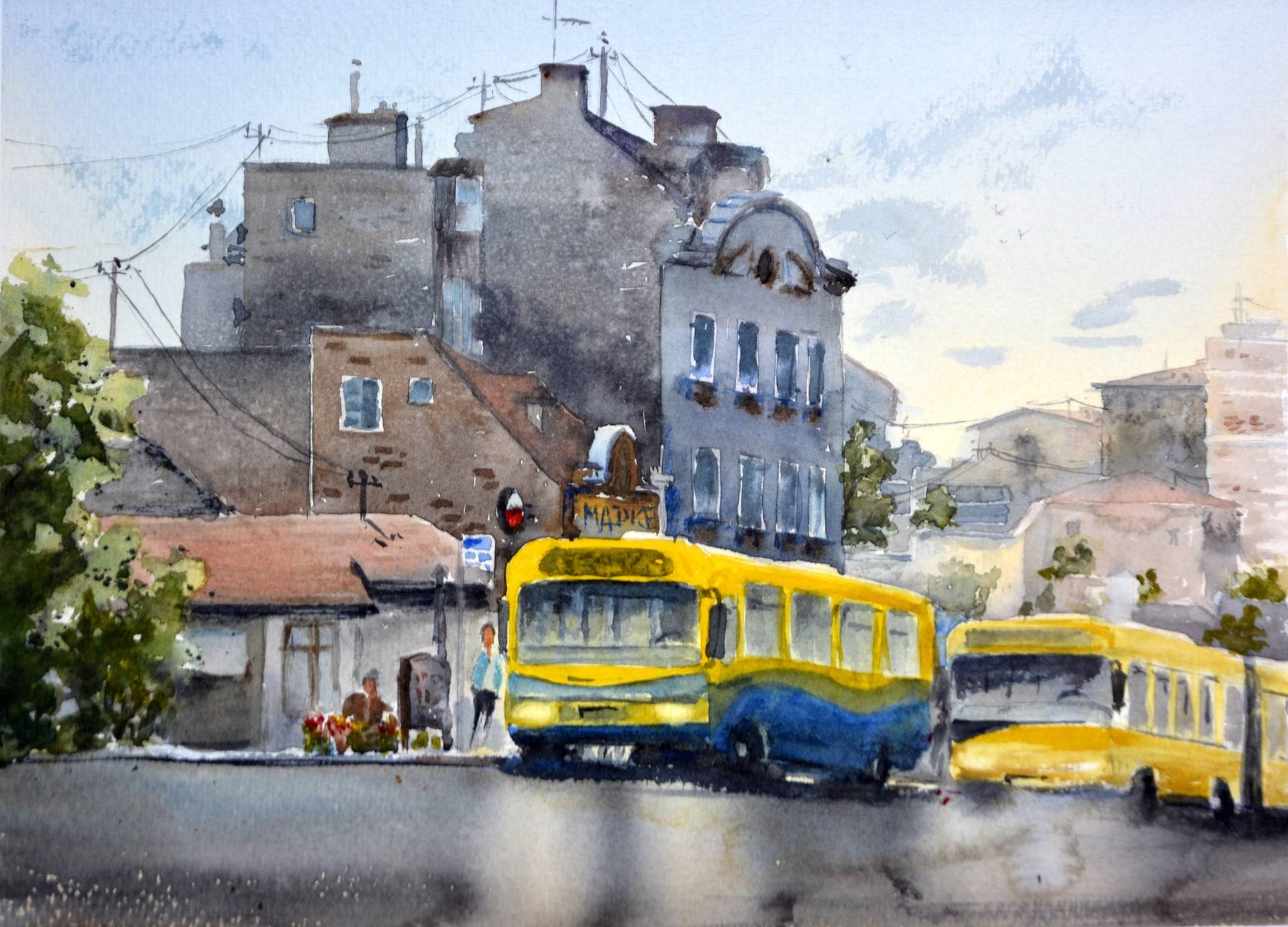 Dva žuta autobusa, originalna slika pejzaža akvarelom Nenada Kojića