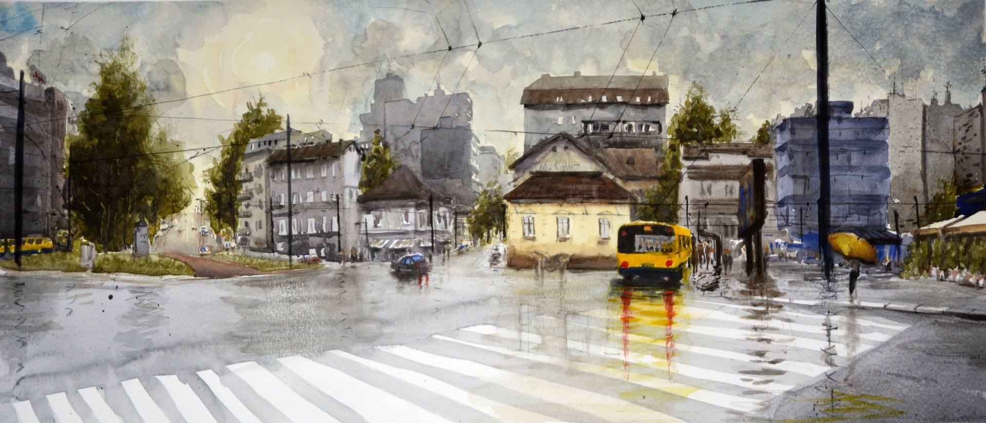 Trg Slavija, Beograd, Srbija – jedinstveni akvarel pejzaž Nenada Kojića