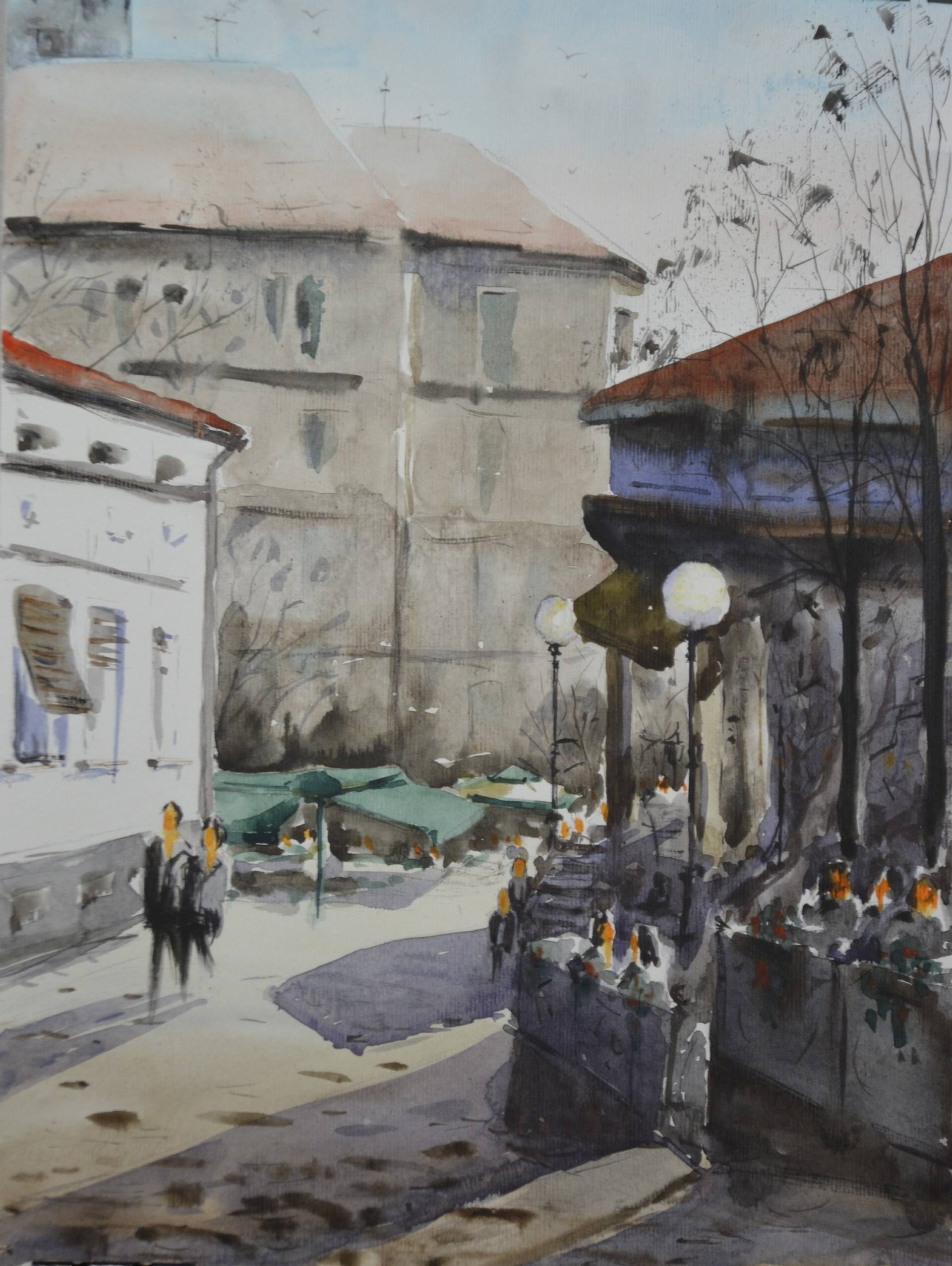 Jesenje sunce, Skadarlija, Beograd – originalna akvarel slika