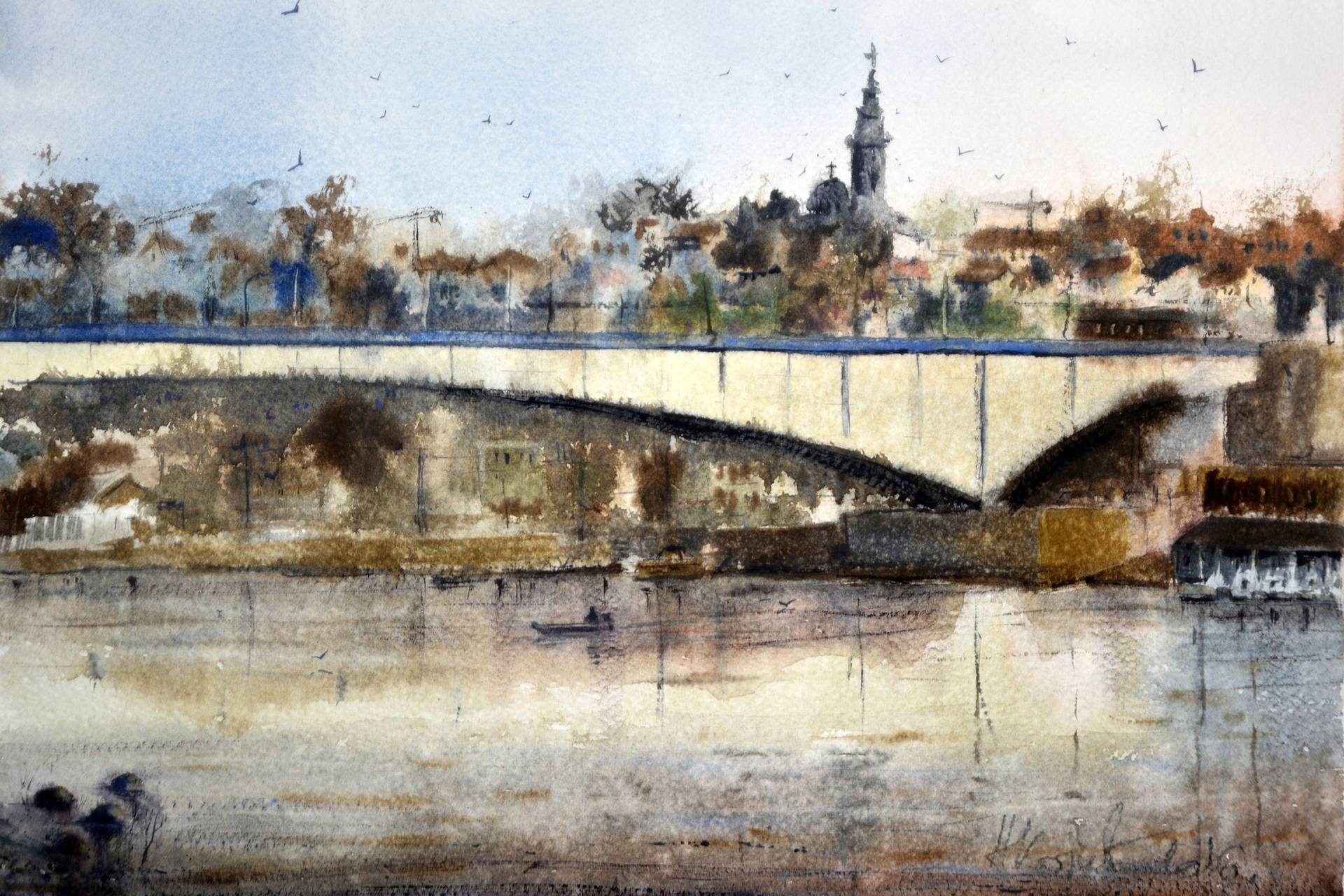 Jutro iznad Brankovog mosta – originalna akvarel slika