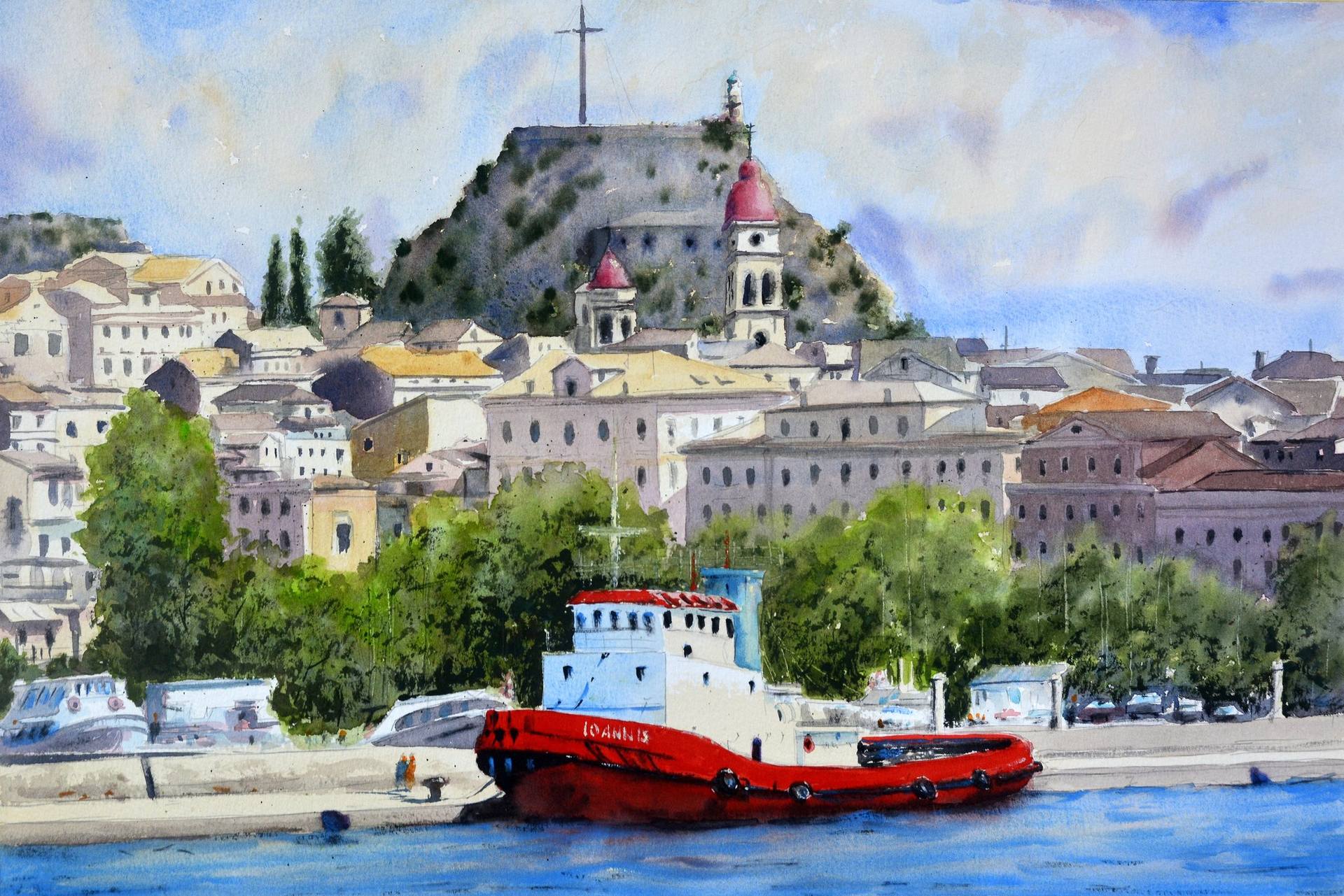 Veliki crveni tegljač Kerkyra Krf Grčka 53x35cm 2020